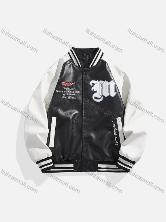Wholesale Men's Trendy Letter Contrast Baseball Collar Long Sleeve Patch Pocket PU Leather Baseball Jacket 2567#
