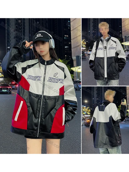 Wholesale Unisex Trendy Letter Colorblock Contrast Stand Collar Long Sleeve Street Patch Pocket Leather Biker Jacket 658#