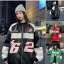 Wholesale Unisex Trendy Letter Colorblock Contrast Stand Collar Long Sleeve Street Patch Pocket Leather Biker Jacket 681# preview