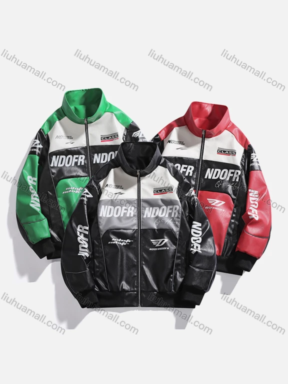 Wholesale Unisex Trendy Letter Colorblock Contrast Stand Collar Long Sleeve Street Patch Pocket Leather Biker Jacket 688#