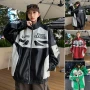 Wholesale Unisex Trendy Letter Colorblock Contrast Stand Collar Long Sleeve Street Patch Pocket Leather Biker Jacket 699# preview