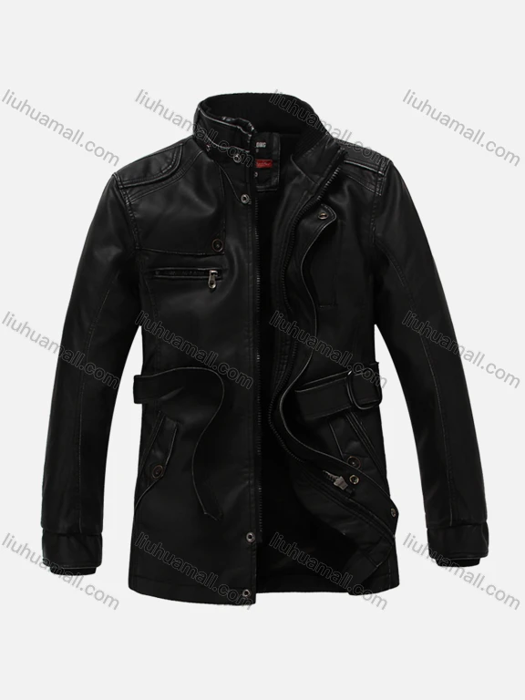 Wholesale Men's Plain Stand Collar Long Sleeve Button Down Patch Pocket Leather Biker Jacket