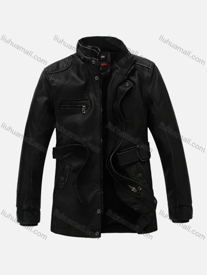 Wholesale Men's Plain Stand Collar Long Sleeve Button Down Patch Pocket Leather Biker Jacket