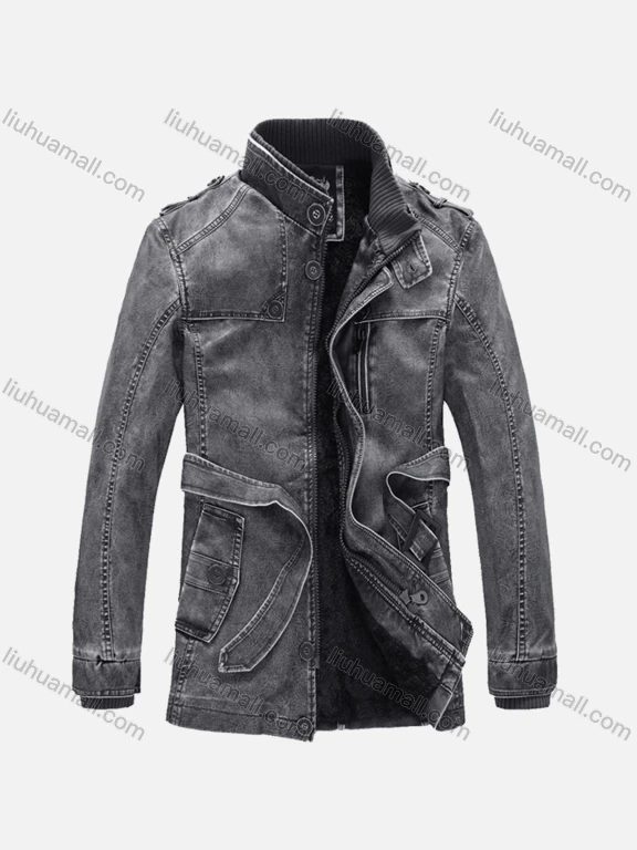 Wholesale Men's Plain Stand Collar Long Sleeve Patch Pocket PU Leather Jacket With Belt
