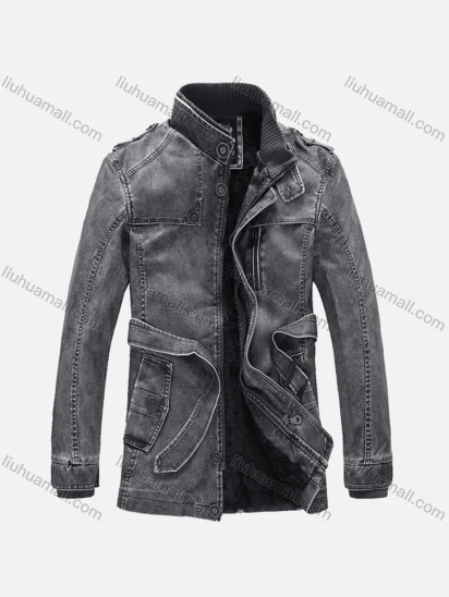 Wholesale Men's Plain Stand Collar Long Sleeve Patch Pocket PU Leather Jacket With Belt