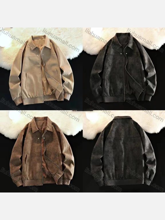 Wholesale Men's Trendy Plain Collared Long Sleeve Camel Wool Patch Pocket Leather Jacket 8001#