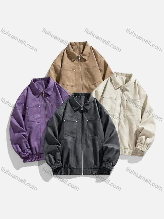 Wholesale Men's Trendy Plain Collared Long Sleeve Patch Pocket Leather Jacket 8008#