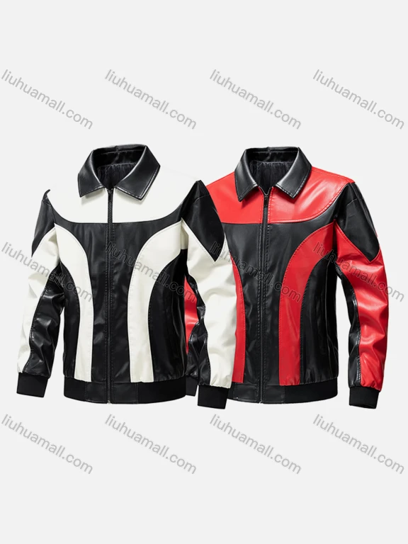 Wholesale Men's Trendy Colorblock Zip Up Contrast Collared Long Sleeve Street Patch Pocket Leather Biker Jacket 906#