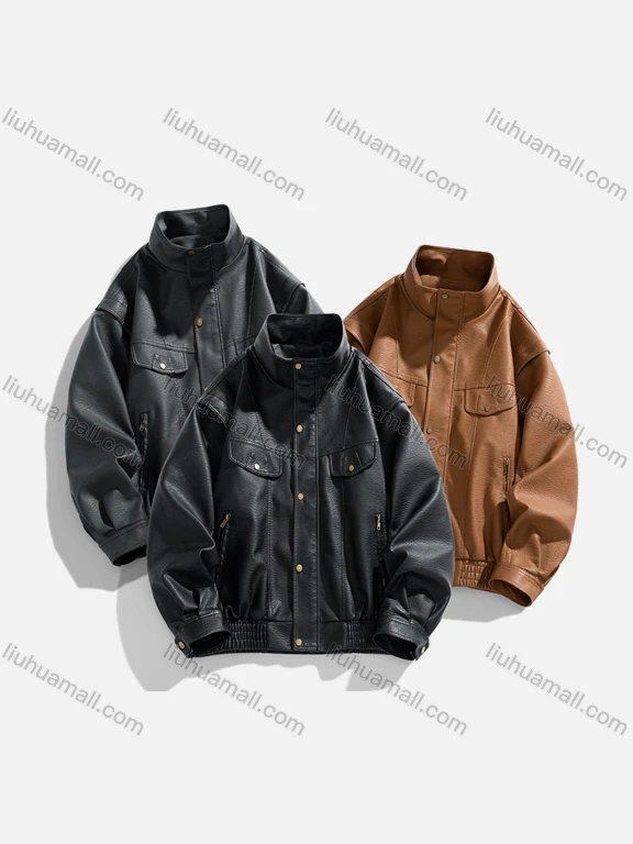 Wholesale Men's Trendy Plain Button Front Stand Collar Long Sleeve Street Zipper Pockets Leather Biker Jacket 907#
