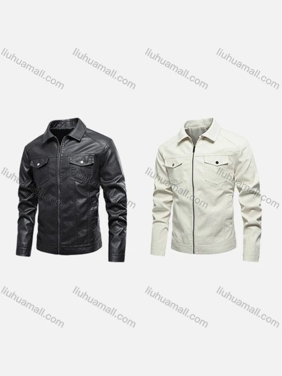 Wholesale Men's Trendy Plain Zip Up Collared Long Sleeve Street Flap Pockets Leather Biker Jacket 908#