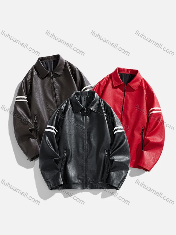 Wholesale Men's Trendy Plain Zip Up Collared Long Sleeve Street Striped Trim Zipper Pockets Leather Biker Jacket 909#