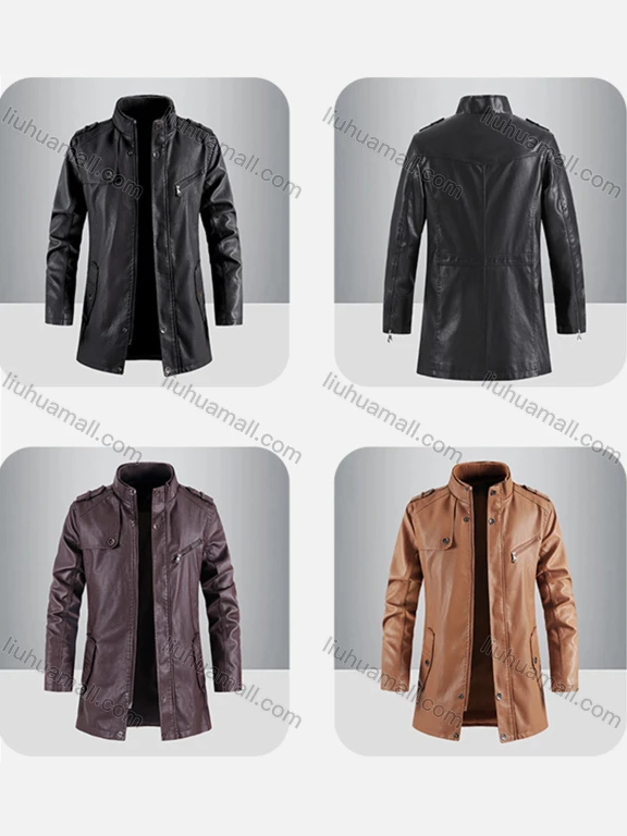 Wholesale Men's Trendy Plain Stand Collar Long Sleeve Patch Pocket Mid Length PU Leather Jacket 9898#