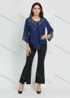 Wholesale Women's Elegant Plus Size Chiffon Round Neck 3/4 Sleeve Rhinestone Blouse With Slit Hem Flared Pant 2 Piece Set - Liuhuamall