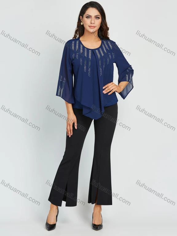 Wholesale Women's Elegant Plus Size Chiffon Round Neck 3/4 Sleeve Rhinestone Blouse With Slit Hem Flared Pant 2 Piece Set