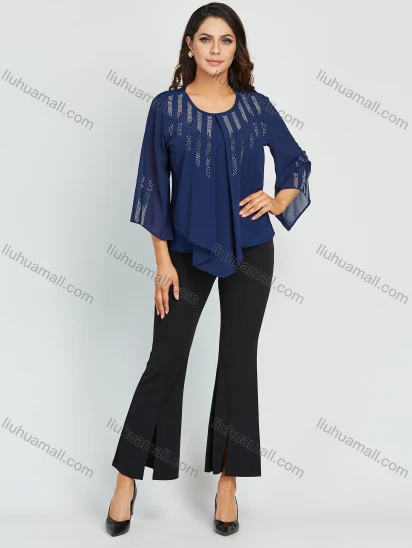 Wholesale Women's Elegant Plus Size Chiffon Round Neck 3/4 Sleeve Rhinestone Blouse With Slit Hem Flared Pant 2 Piece Set