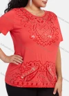 Wholesale Women's Elegant Round Neck Floral Sequin Embroidery Short Sleeve T-Shirt - Liuhuamall