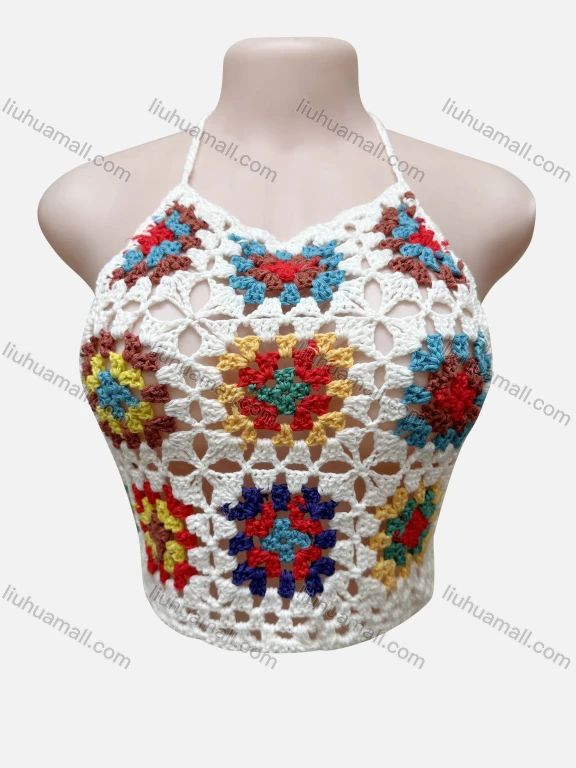 Wholesale Women's Vacation Halter Crochet Hollow Out Floral Cover Up Crop Top 2028#