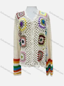 Wholesale Women's Vacation Crochet Hollow Out Floral Colorblock Scalloped Trim Long Sleeve Cover Up Top J2442#, LIUHUA CLOTHING WHOLESALE