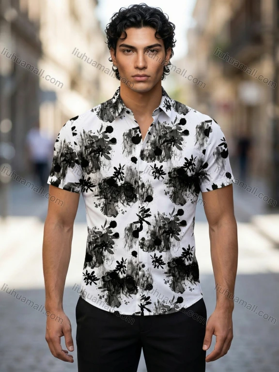 Wholesale 2026 New Arrival Men's Slim Fit Short Sleeve Floral Ink - Wash Print Shirt | Wholesale & In Stock