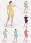 Wholesale Women's Sexy Plain Round Neck Ribbed Short Sleeve Split Thigh Short Dress - Liuhuamall