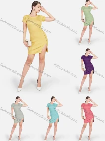 Wholesale Women's Sexy Plain Round Neck Ribbed Short Sleeve Split Thigh Short Dress, LIUHUA CLOTHING WHOLESALE