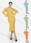 Wholesale Women's Elegant Plain Ribbed Crew Neck Bell Sleeve Ruffle Mermaid Hem Midi Dress - Liuhuamall
