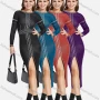 Wholesale Women's High Waist Crew Neck Long Sleeve Front Split Slim Knit Midi Dress 2137# preview