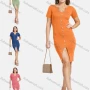 Wholesale Women's Notched Neck Short Sleeve Front Split Button Decro Slim Knit Short Dress 3120# preview