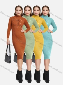 Wholesale Women's Turtleneck High Neck Lace Up Pearl Decor Bodycon Knit Dress 2192#, LIUHUA CLOTHING WHOLESALE