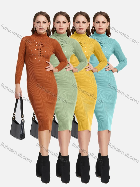 Wholesale Women's Turtleneck High Neck Lace Up Pearl Decor Bodycon Knit Dress 2192#