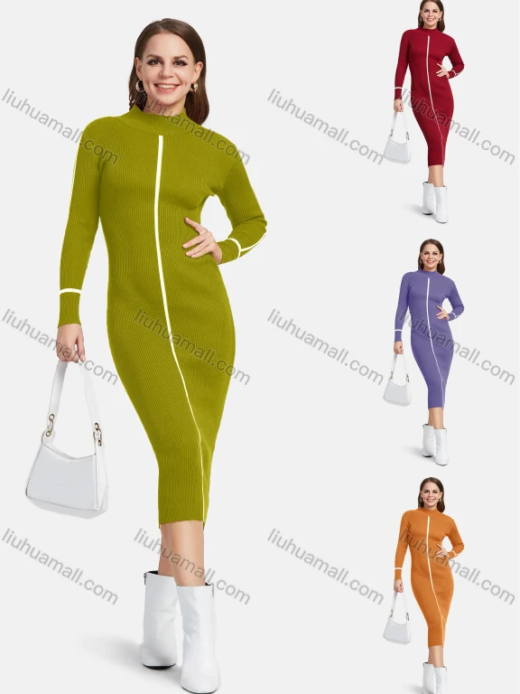 Wholesale Women's Casual Long Sleeve Mock Neck Striped Plain Slim Knit Midi Dress 0728#