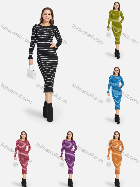 Wholesale Women's Casual Long Sleeve Round Neck Ruffle Hem Striped Slim Knit Midi Sweater Dress 2115#