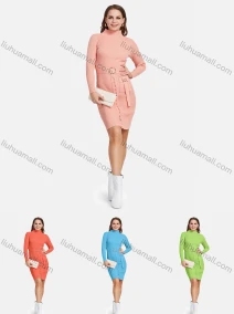 Wholesale Women's Elegant Long Sleeve Mock Neck Lace Up Slim Knit Short Dress With Belt 2112#, LIUHUA CLOTHING WHOLESALE