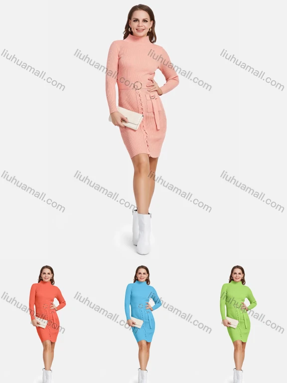 Wholesale Women's Elegant Long Sleeve Mock Neck Lace Up Slim Knit Short Dress With Belt 2112#