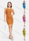 Wholesale Women's Elegant Halter Button Decor Striped Trim Slim Fit Ribbed Pencil Knit Short Dress 2710# - Liuhuamall