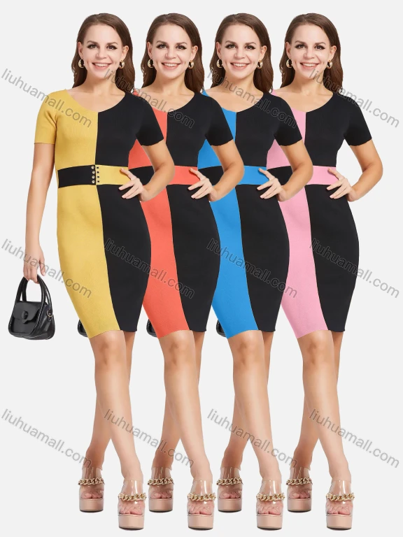 Wholesale Women's Elegant V Neck Short Sleeve Colorblock Slim Fit Knit Short Pencil Dress 2111#