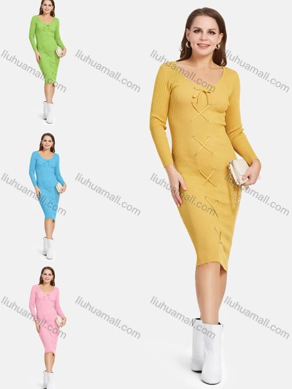 Wholesale Women's Elegant Long Sleeve Scoop Neck Cross Ribbed Pencil Knit Knee Length Dress 2195#
