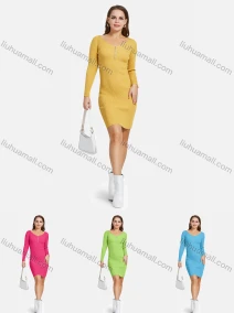 Wholesale Women's Casual Long Sleeve Scoop Neck Button Front Ribbed Slim Fit Pencil Knit Short Dress 2117#, LIUHUA CLOTHING WHOLESALE