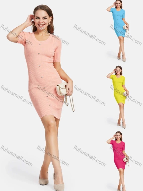 Wholesale Women's Elegant Short Sleeve Crew Neck Rhinestone Button Decor Pencil Plain Silm Fit Knit Short Dress 2116#