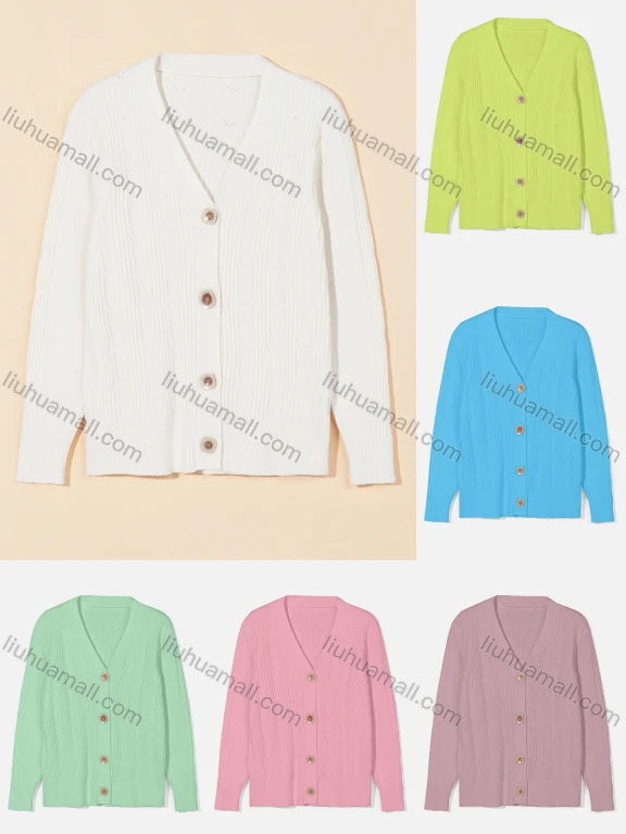 Wholesale Women's Casual Plain V Neck Cable Knit Button Down Cardigan 2295#