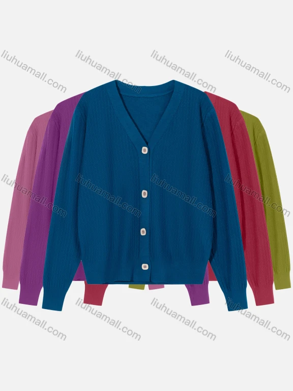 Wholesale Women's Casual Plain V Neck Cable Knit Button Down Crop Cardigan 2297#