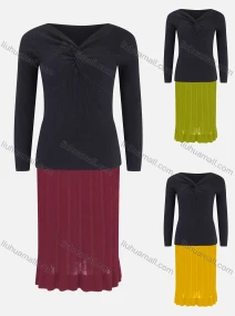 Wholesale Women's Casual V Neck Plain Knit Blouse & Cable Knit Pleated Skirt 2 Piece Set 22102-1520#, LIUHUA CLOTHING WHOLESALE