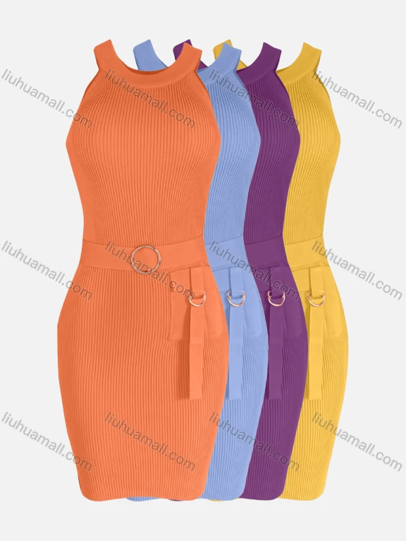 Wholesale Women's Casual Sleeveless Crew Neck Belted Slim Knit Dress