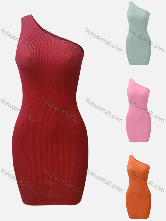 Wholesale Women's Sexy One Shoulder Sleeveless Club Slim Fit Ribbed Mini Pencil Dress