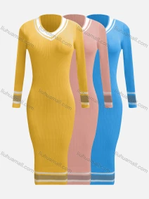 Wholesale Women's Elegant Striped V Neck Long Sleeve Button Front Dress, LIUHUA CLOTHING WHOLESALE