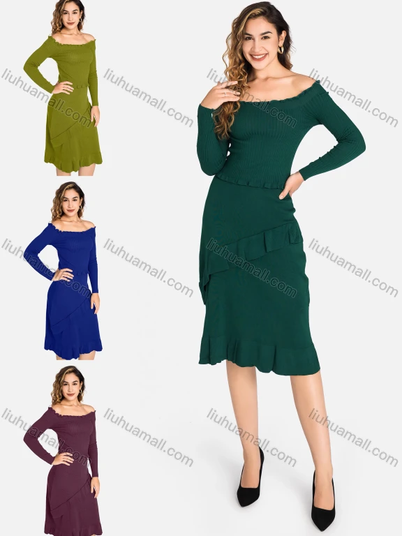 Wholesale Women's Casual Off Shoulder Long Sleeve Ruched Ruffle Hem Layered Dress 2201#