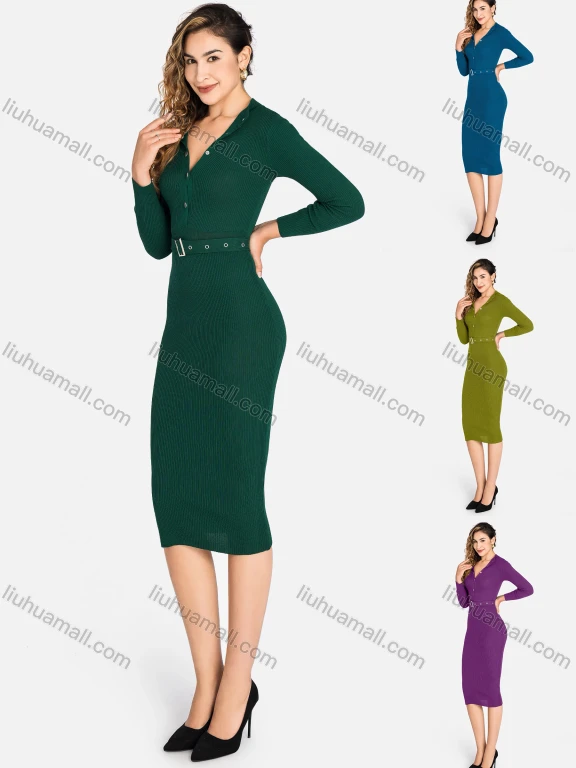 Wholesale Women's Casual Mock Neck Long Sleeve Slim Fit Button Knee Length Dress With Belt 2273#