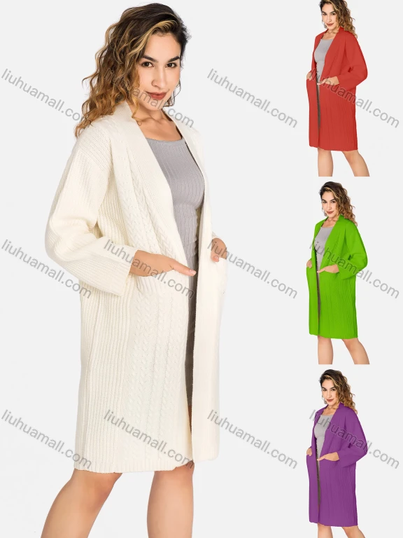 Wholesale Women's Casual Plain Patch Pockets Cable Knit Daily Knit Cardigan 2276#