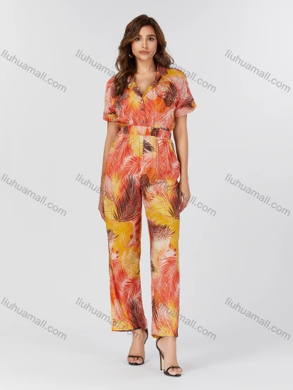 Wholesale Women's Casual Tie Dye Allover Leaf Print Lapel Short Sleeve Wide Leg Jumpsuit K1458#