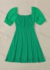Wholesale Women's Sweetheart Neck Puff Sleeve Open Back Ruffle Trim Lace Up Plain Short Dress AY186# - Liuhuamall
